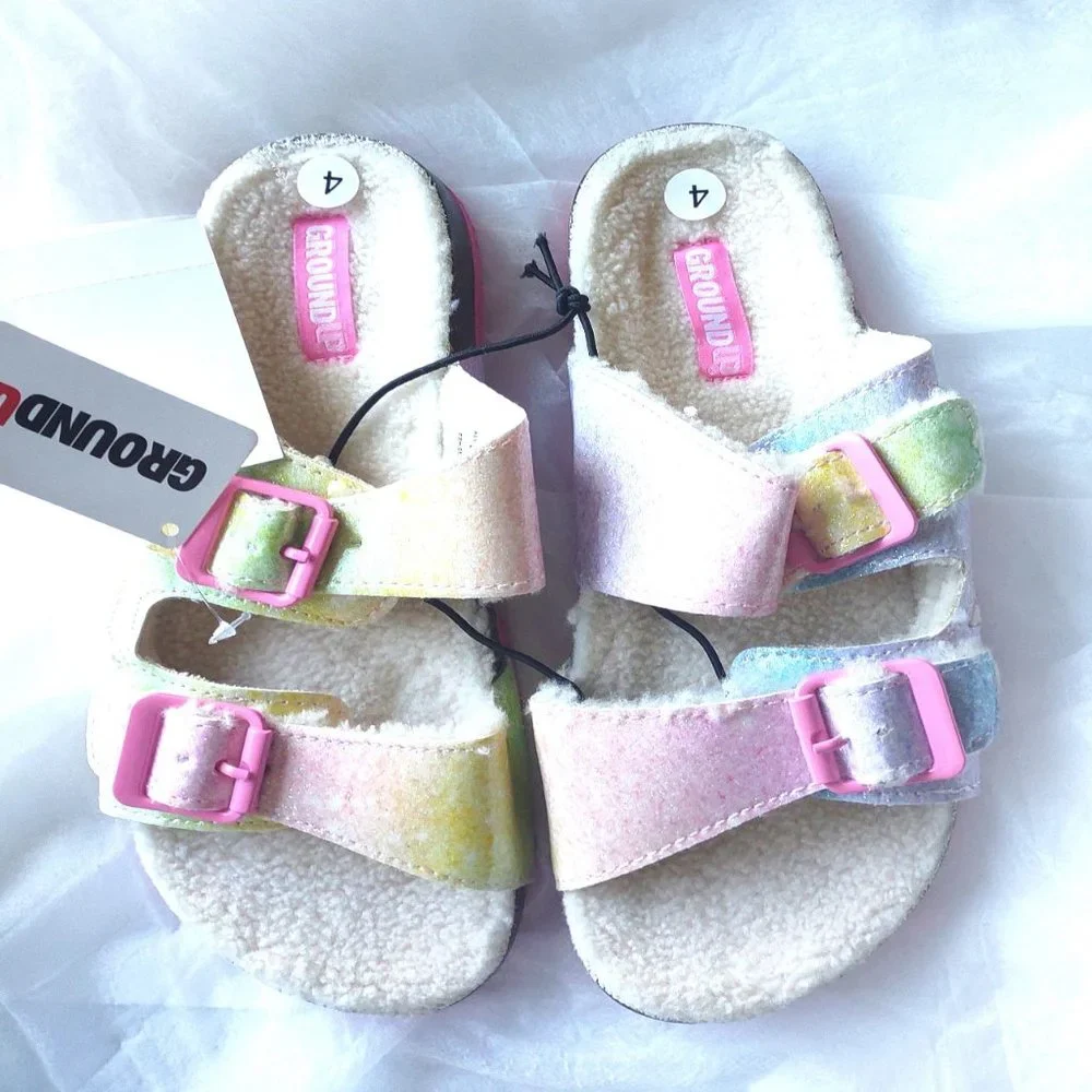 NWT Ground Up Sherpa Slipper Sandals Girls Rainbow Glitter
